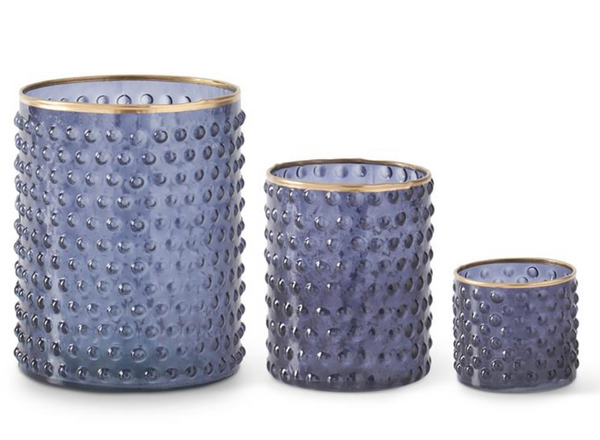 Set of 3 Blue Dot Embossed Containers with Gold Painted Rim