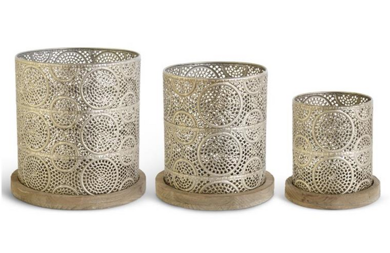 Set of 3 Punched Metal Nesting Baskets with Wood Bases