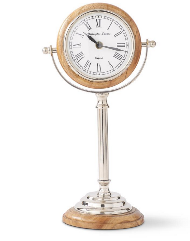 13 Inch Wood & Silver Round Tabletop Clock on Pedastal