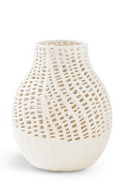 13 Inch White Ceramic Basket Weave Vase