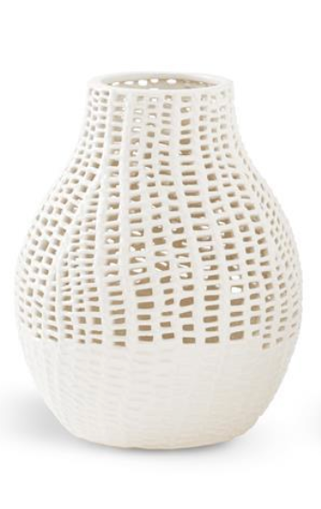 14 Inch White Ceramic Basket Weave Vase