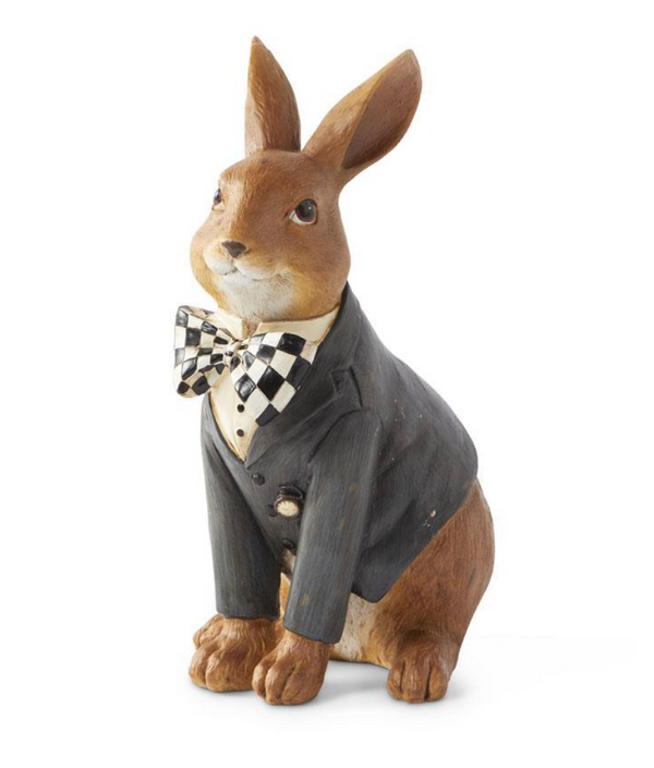 10 Inch Resin Sitting Bunny with Harlequin Bow Tie