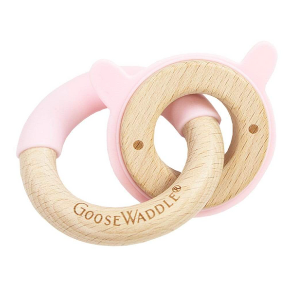 Silicone + Wood Double Teether Rabbit Pink