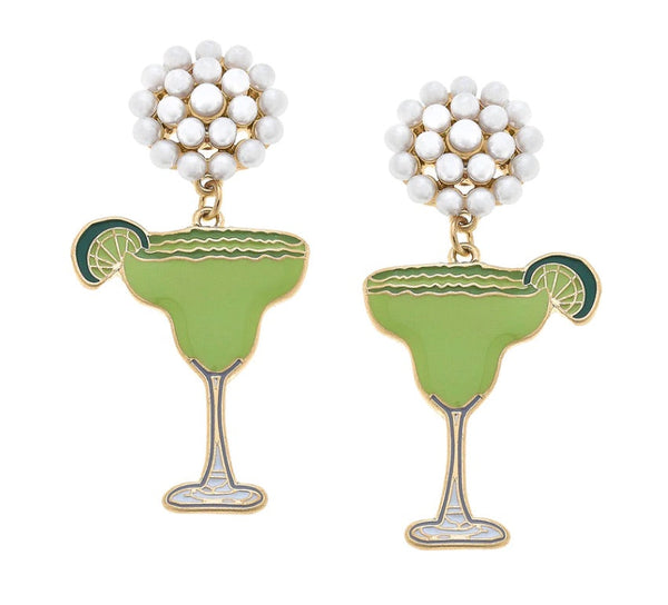 Margarita Enamel Pearl Cluster Earrings in Lime Green