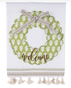 Green Welcome Wreath Tea Towel