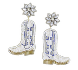 Crystal Flower Post with White Seed Bead Cowgirl Boot Earring
