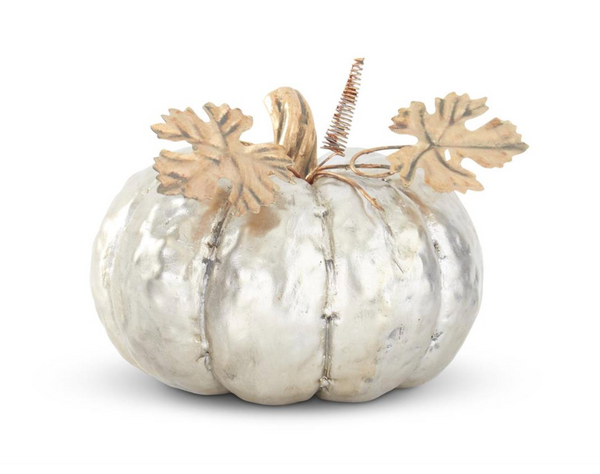 4.25 Inch Silver Resin Pumpkin with Metal Leaves