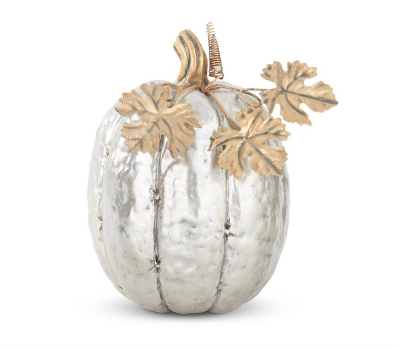 7.25 Inch Silver Resin Pumpkin with Metal Leaves