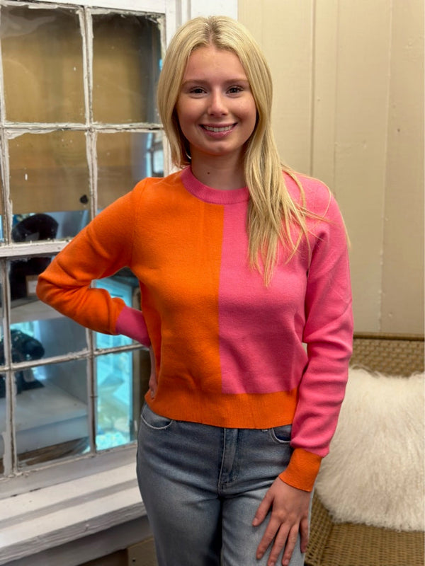 Colorblock Mock Neck Sweater in Pink