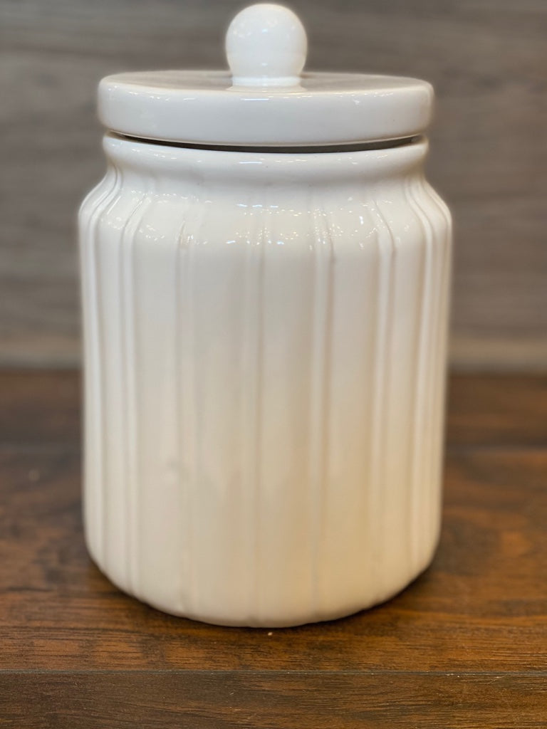8 Inch White Ribbed Ceramic Lidded Canister