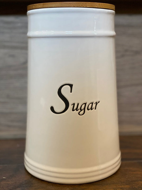 White Ceramic Canisters with Wood Lids Sugar