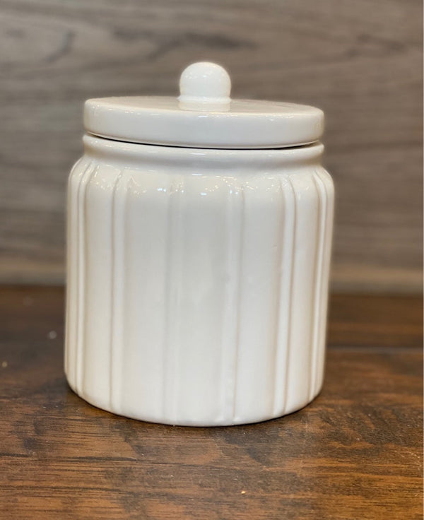 5 Inch White Ribbed Ceramic Lidded Canister