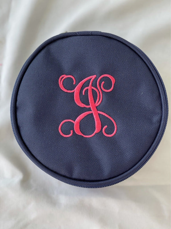 Navy Jewelry Case Pink Embroidery J