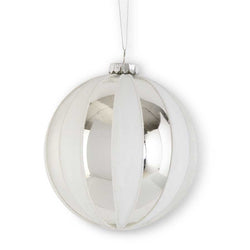 4.75 Inch White & Silver Round Stripe Glass Ornament