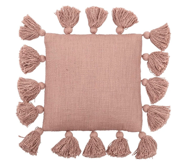12" Square Cotton Pillow with Tassels Rose Color