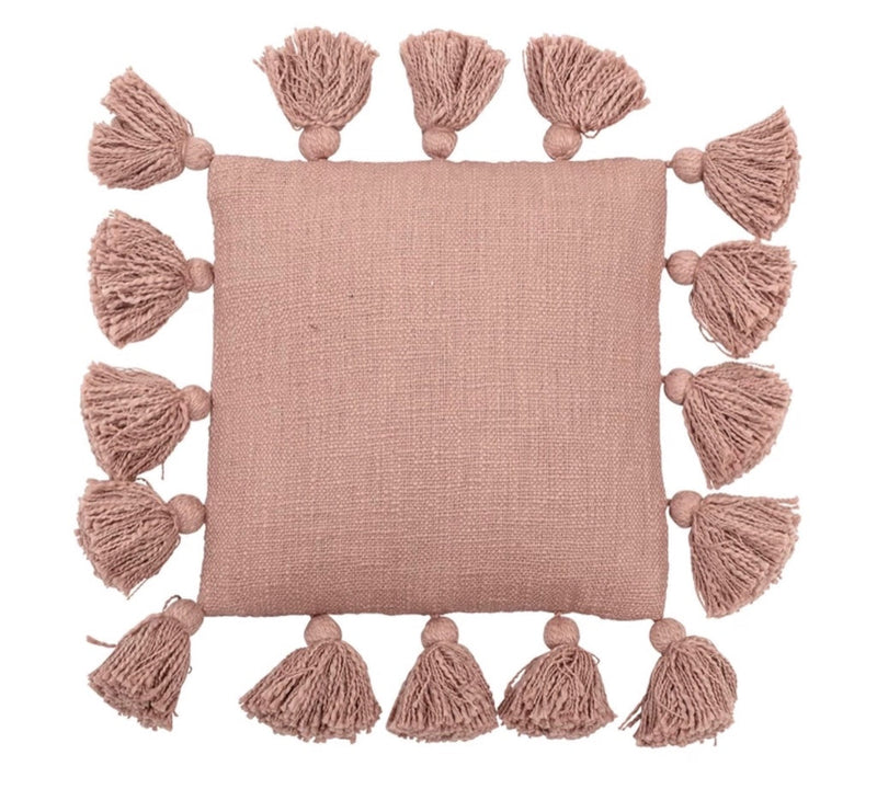 12" Square Cotton Pillow with Tassels Rose Color