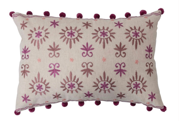 Cotton & Linen Lumbar Pillow with Embroidery & Pom Pom