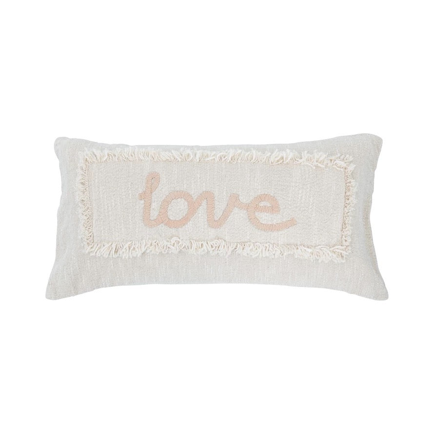 Embroidered Cotton Pink Love Lumbar Pillow