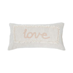 Cotton Embroidered Lumbar Pillow with Eyelash Fringe "LOVE" Pink & Cream Color