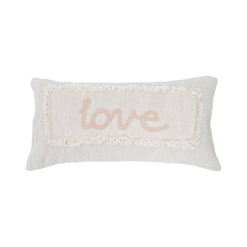 Cotton Embroidered Lumbar Pillow with Eyelash Fringe "LOVE" Pink & Cream Color