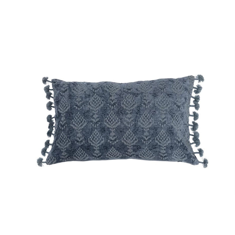 Cotton Chenille Lumbar Pillow with Embroidery & Tassels Blue