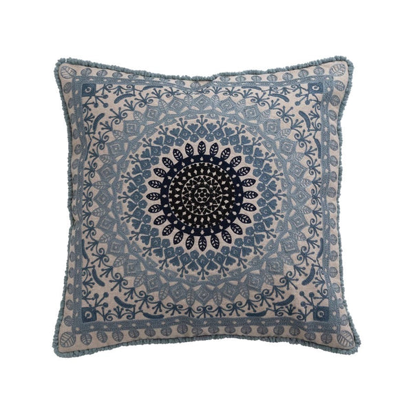 Square Cotton Embroidered Pillow with Trim Blue
