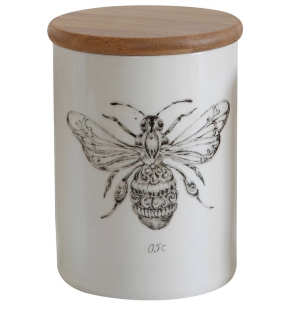 Round Stoneware Canister with Bamboo Lid & Bee