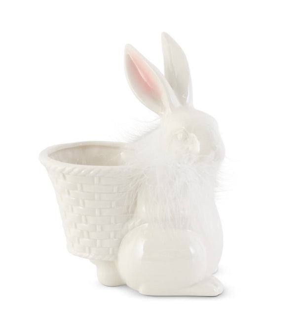 7.75 Inch White Porcelain Feathered Bunny with Basket