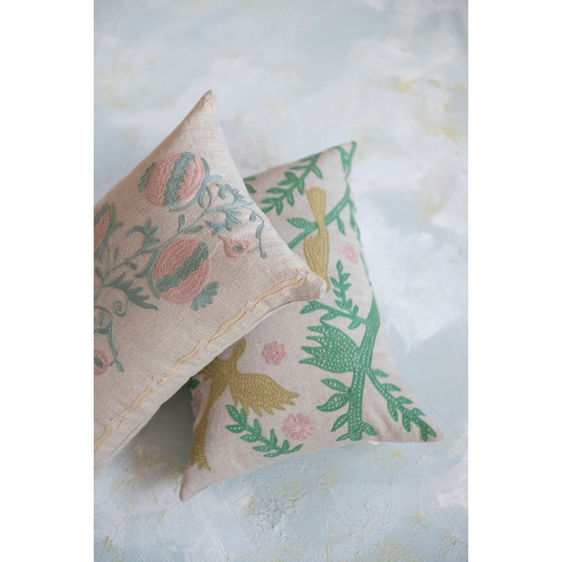 Cotton Chambray Lumbar Pillow Bird Embroidery