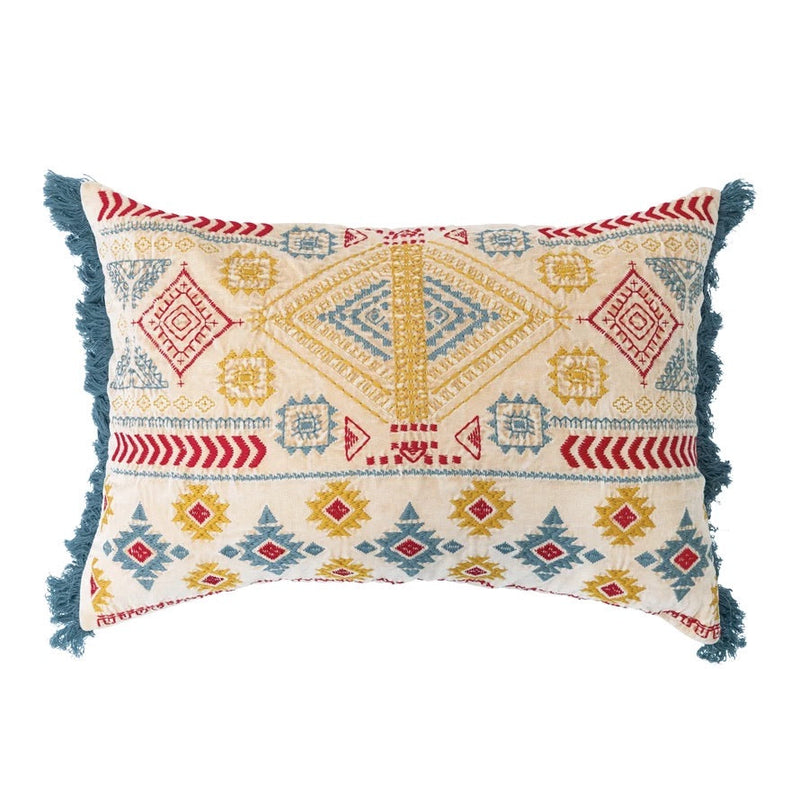 Cotton Velvet Embroidered Lumbar Pillow with Chambray Back and Fringe