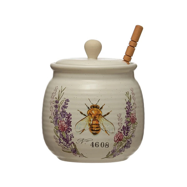 Stoneware Honey Jar with Bee and Wood Honey Dipper