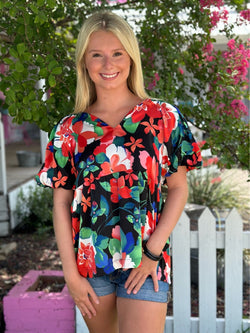 Black & Bright Florals Babydoll Top