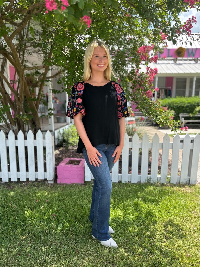 Black Rose Embroidery Linen Top