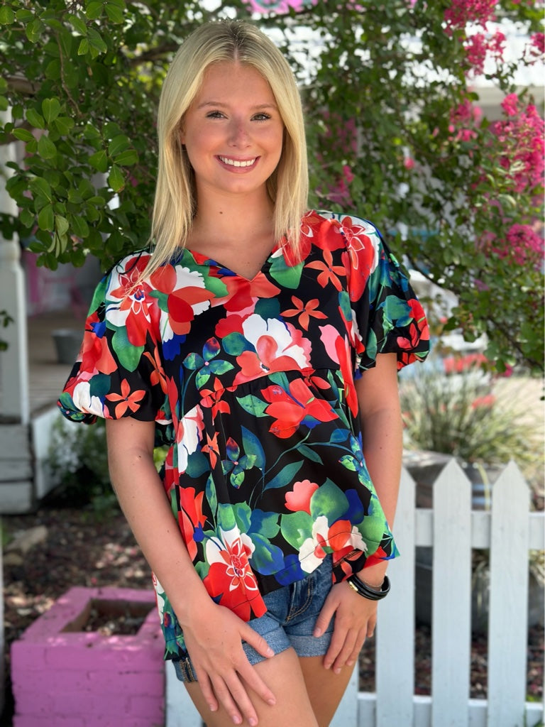 Black & Bright Florals Babydoll Top