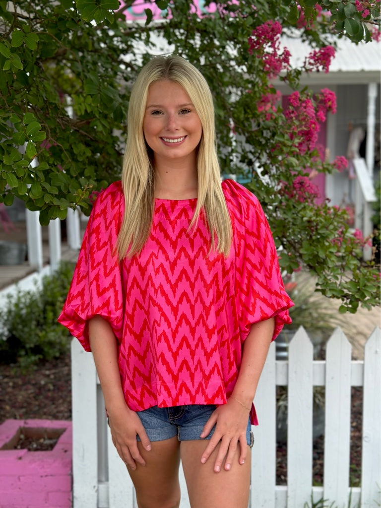 Hot Pink Chevron Puff Sleeve Top