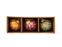 Set of 3 Boxed Glass Ornaments Orange Pink Green