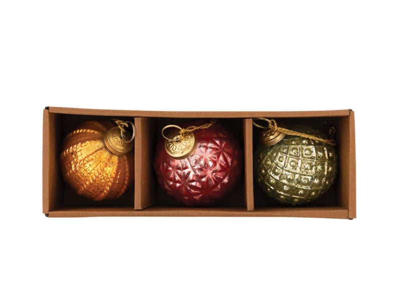 Set of 3 Boxed Glass Ornaments Orange Pink Green