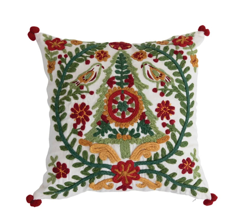 Square Cotton Pillow Red Green & Gold Embroidery