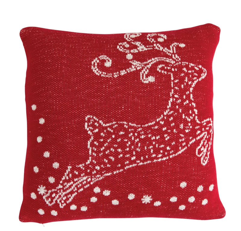 Two-Sided Cotton Knit Red Reindeer Pillow